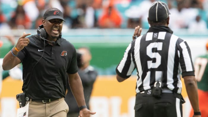 Florida A&M University Head Coach Willie Simmons argues with a referee during the Orange Blossom Classic between Florida A&M University and Jackson State University at Hard Rock Stadium in Miami Gardens, Fla. Sunday, Sept. 5, 2021.